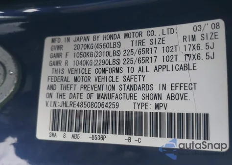 2008 Honda Cr-V Ex z USA, uszkodzony, nr VIN JHLRE48508C064259